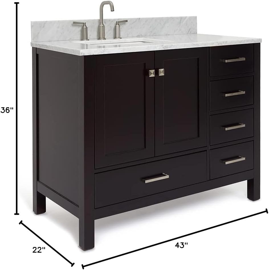 ARIEL Cambridge 43 in. Left Offset Rectangle Single Sink Vanity with Carrara White Marble Countertop in Espresso