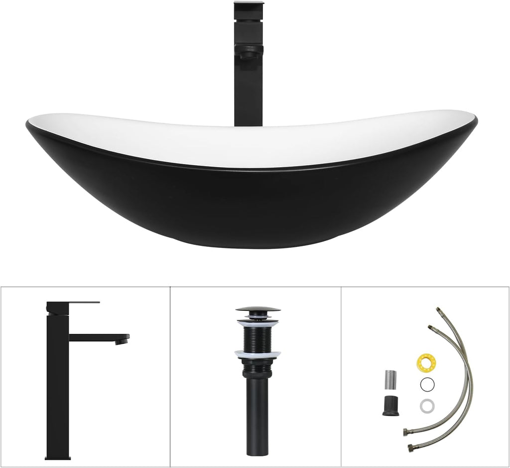 36 Inch Black Floating Bathroom Vanity with 2-Doors and 1-Drawer, Modern Wall Mounted Cabinet with Black and White Boat Ceramic Vessel Sink