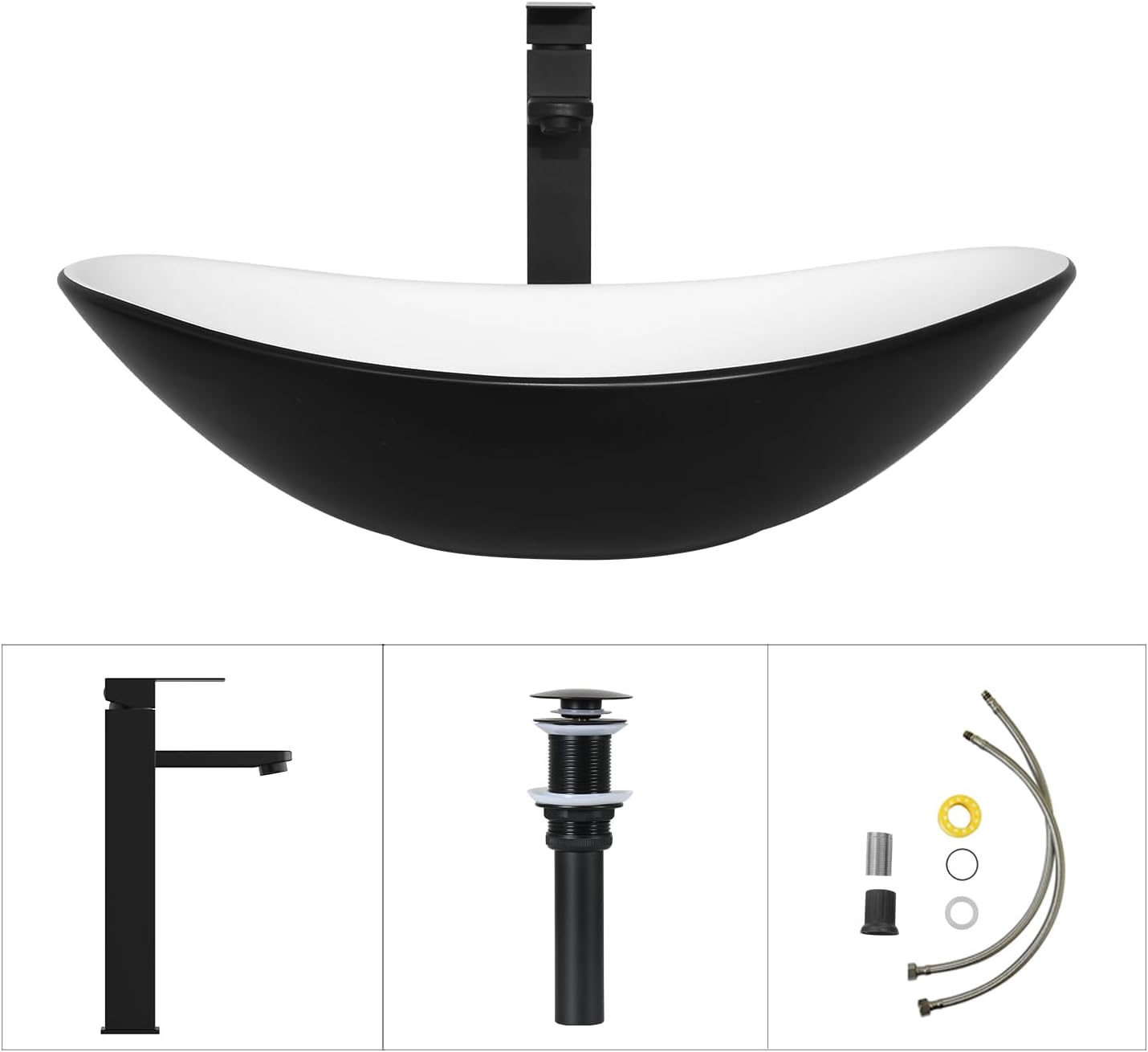 36 Inch Black Floating Bathroom Vanity with 2-Doors and 1-Drawer, Modern Wall Mounted Cabinet with Black and White Boat Ceramic Vessel Sink