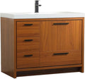 Pemberly Row 42' Aluminum Alloy and MDF Bathroom Vanity, Teak Finish, White Resin Countertop with Integrated Sink, Soft-Close Doors and Drawer, Modern Space-Saving Design for Bathrooms or Powder Rooms