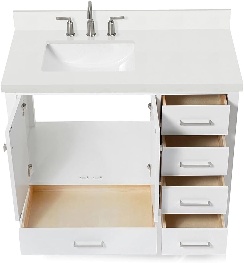 DKB Beckford 42-Inch White Bathroom Vanity with 1.5-Inch Edge Pure White Quartz Countertop & Backsplash, Left Offset Rectangular Sink, 2 Soft Close Doors, 5 Dovetail Drawers, Brushed Nickel