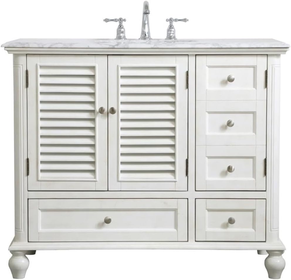 Pemberly Row 42' Single Bathroom Vanity, Antique White Finish, Solid Wood and MDF Base, Carrara White Marble Top, Porcelain Undermount Sink, 2 Drawers and 3 Doors, Freestanding for Bathroom Use
