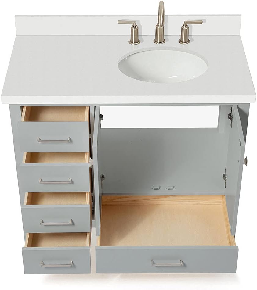DKB Beckford 42-Inch Grey Bathroom Vanity with Sink, 1.5-Inch Pure White Quartz Countertop & Backsplash, Right Oval Sink, 2 Soft-Closing Doors, 5 Dovetail Drawers, Brushed Nickel Hardware