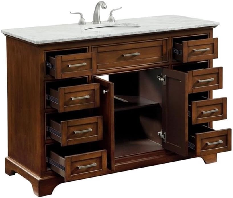 Pemberly Row Contemporary 48' Wood Single Bathroom Vanity, Brown Teak Finish, Italian Carrara Marble Top, Oval Porcelain Undermount Sink, Free-Standing Design, 8 Drawers, 2 Doors, Bathroom Essential