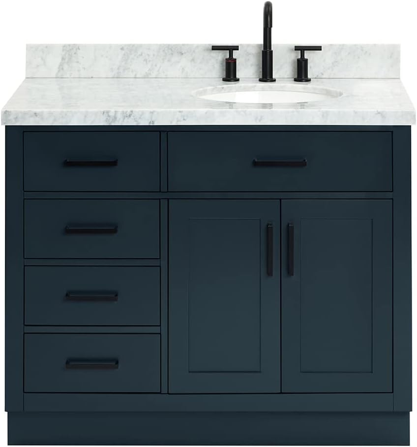 ARIEL Hepburn 43' Inch Right Offset Oval Sink Vanity with 1.5' Edge Carrara White Countertop in Midnight Blue