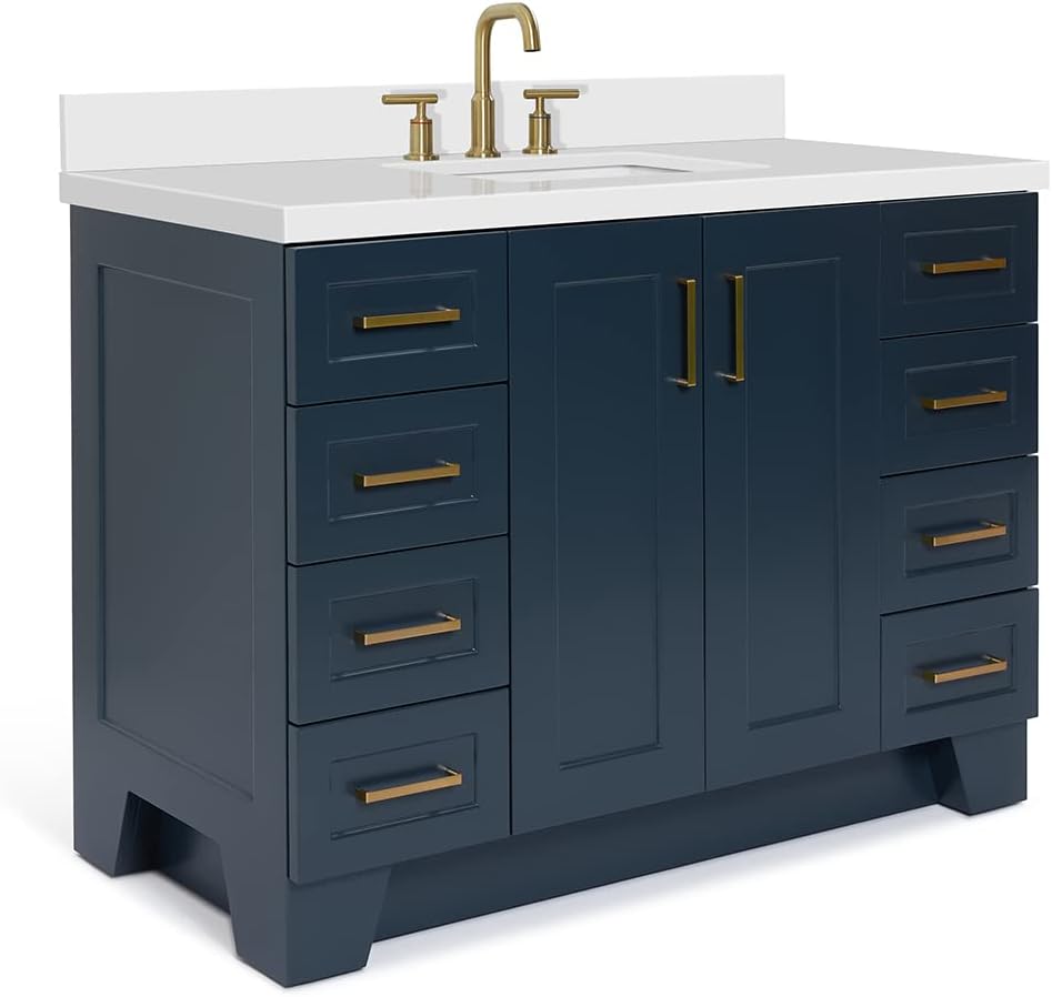 ARIEL Taylor 48-inch Bathroom Vanity with Sink,Solid Wood, 1.5-inch Pure White Quartz Countertop, Single Rectangular Porcelain Sink, 2 Soft Closing Doors, 9 Dovetail Drawers, Midnight Blue
