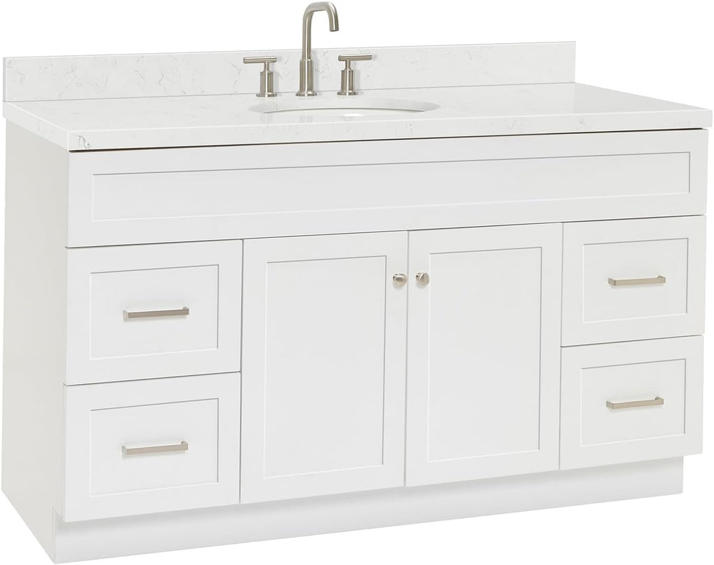 ARIEL Hamlet 60-inch Bathroom Vanity with Sink,Solid Wood, 1.5-inch Carrara White Quartz Countertop & Backsplash, Single Oval Porcelain Sink, 2 Soft Closing Doors, 4 Dovetail Drawers, White