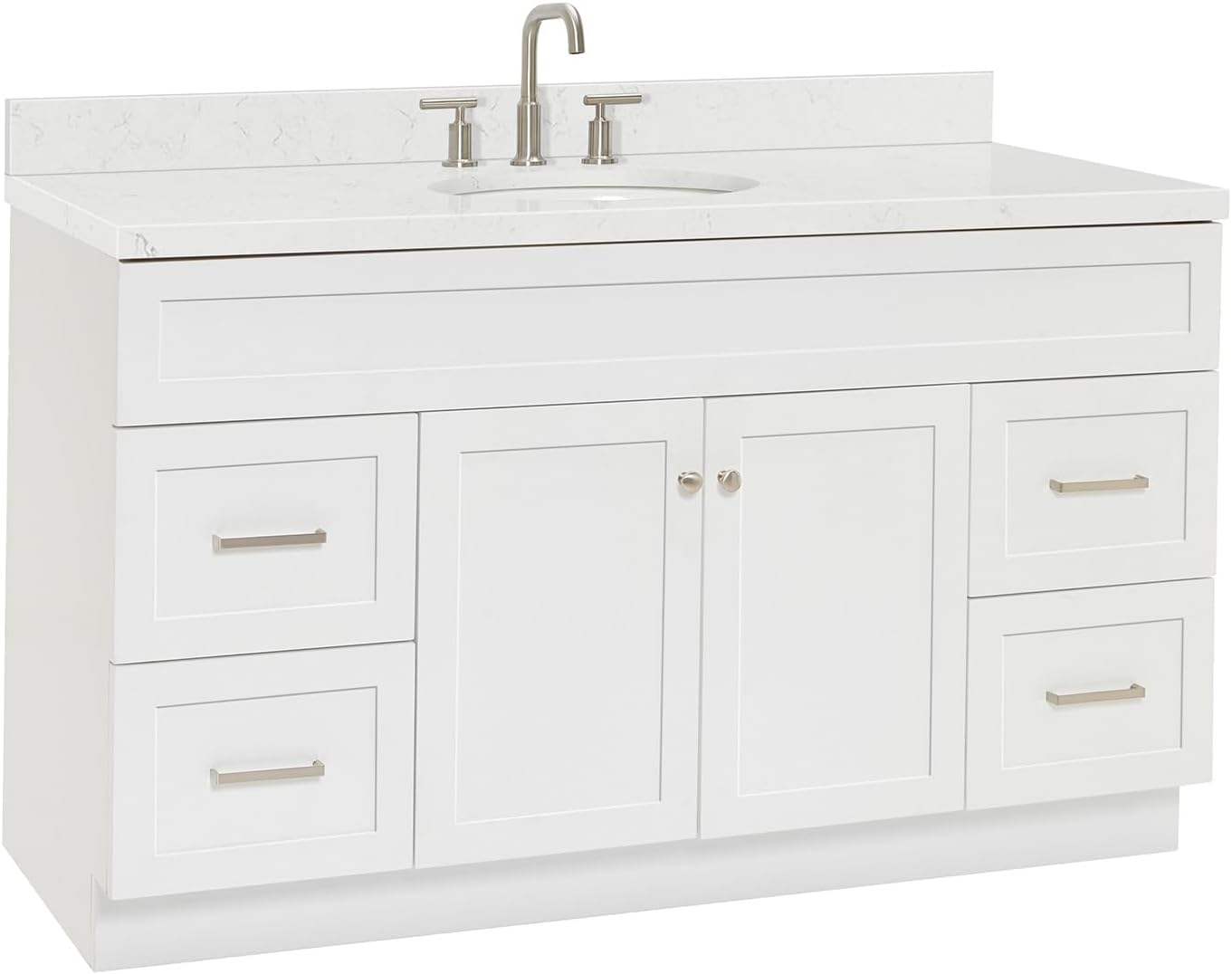 ARIEL Hamlet 60-inch Bathroom Vanity with Sink,Solid Wood, 1.5-inch Carrara White Quartz Countertop & Backsplash, Single Oval Porcelain Sink, 2 Soft Closing Doors, 4 Dovetail Drawers, White