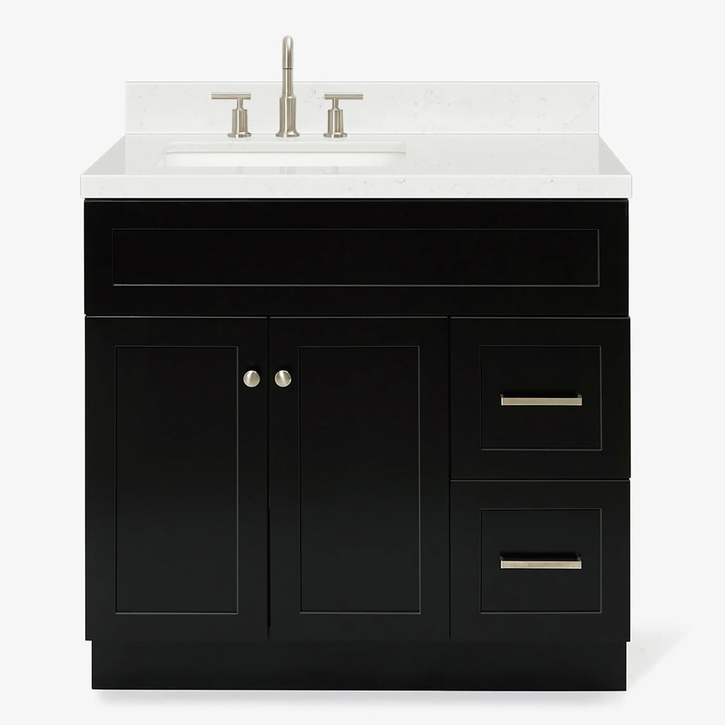 ARIEL Hamlet 36-inch Bathroom Vanity with Sink,Solid Wood, 1.5-inch Carrara White Quartz Countertop & Backsplash, Single Rectangular Porcelain Sink, 2 Soft Closing Doors, 2 Dovetail Drawers, Black