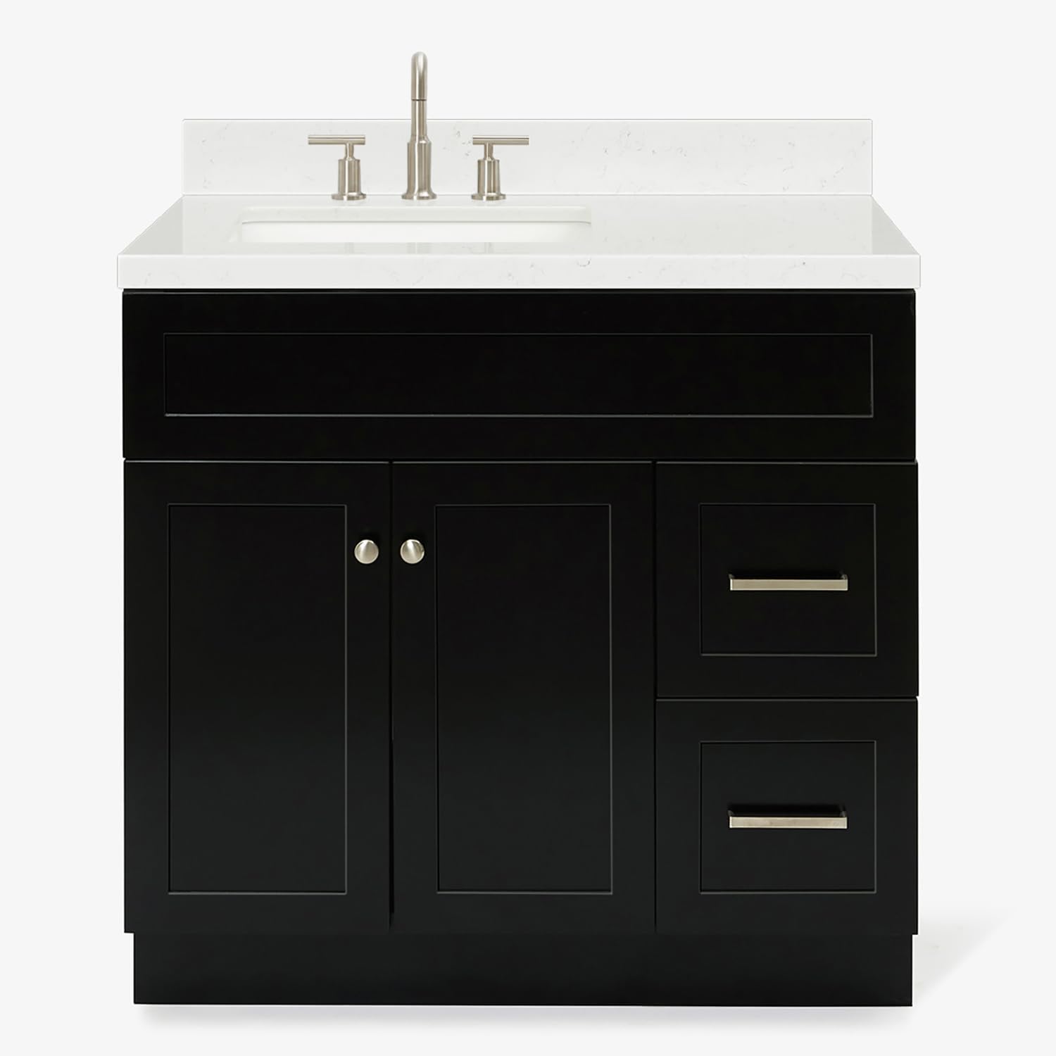 ARIEL Hamlet 36-inch Bathroom Vanity with Sink,Solid Wood, 1.5-inch Carrara White Quartz Countertop & Backsplash, Single Rectangular Porcelain Sink, 2 Soft Closing Doors, 2 Dovetail Drawers, Black