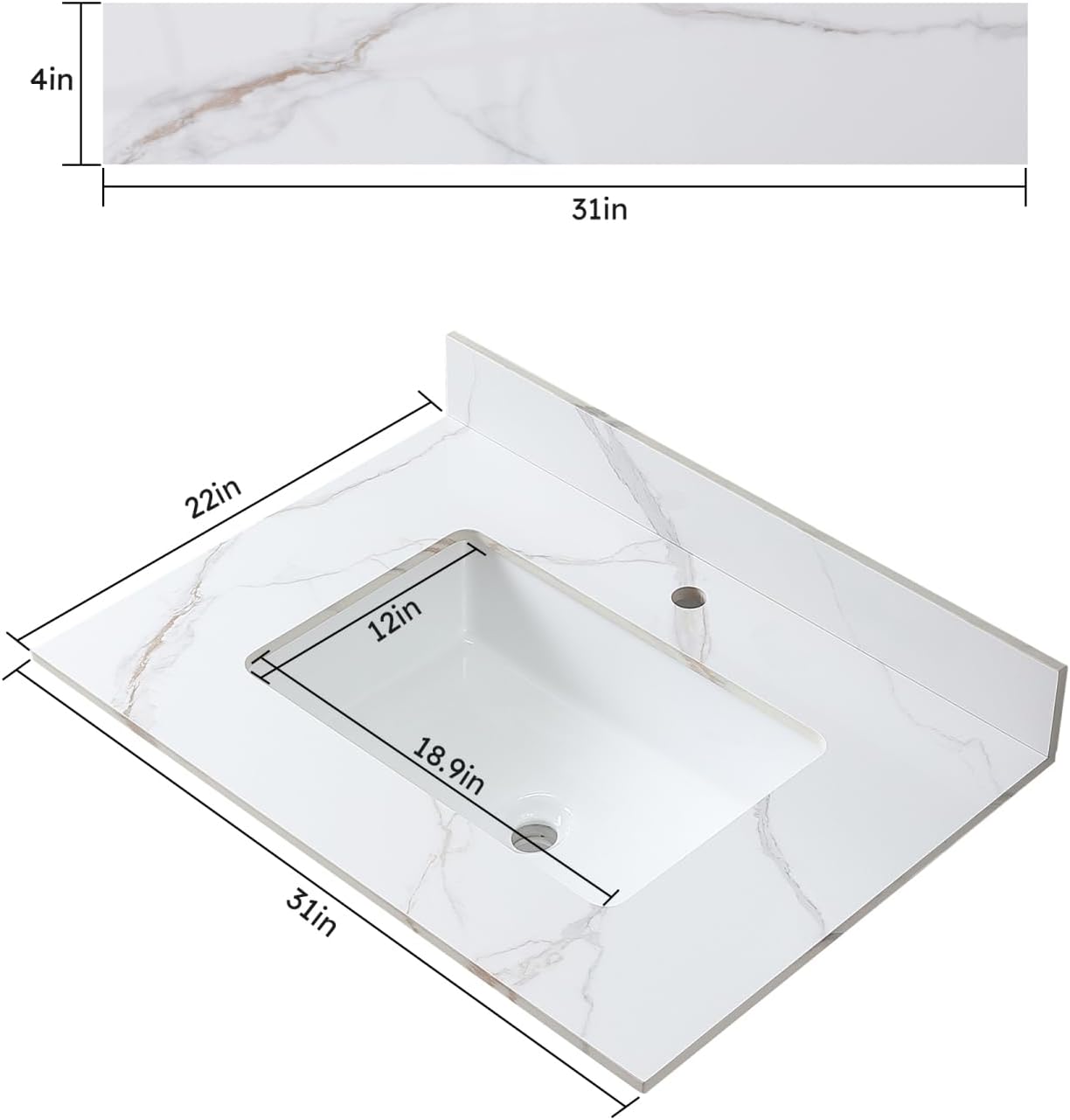 Leavader Sintered Stone Vanity Sink Top - 31 x 22 Inch Three Holes Vanity Top with Undermount Ceramic Sink & Backsplash, Marble Bathroom Countertops Vanity Top with Sink, Carrara Gold