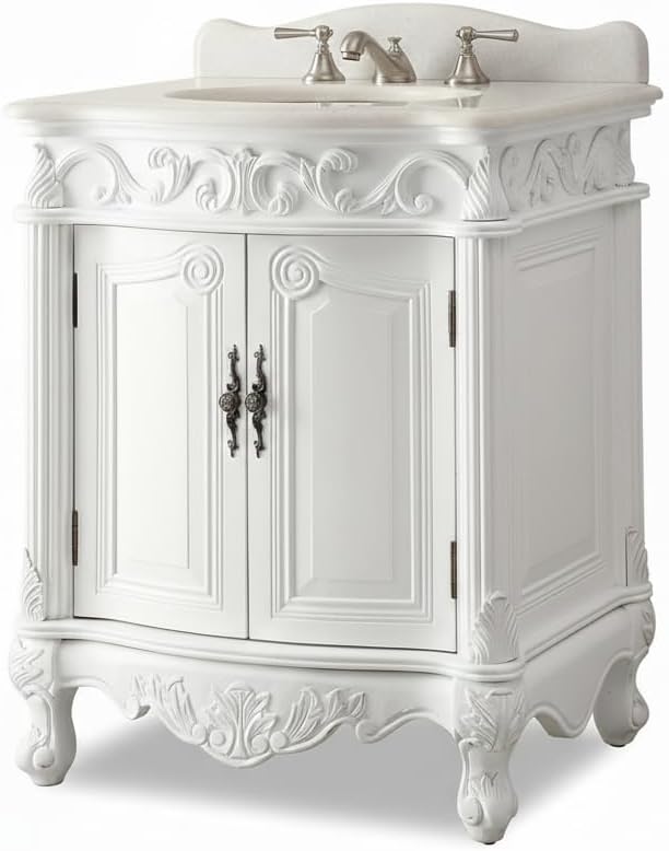 Hayman 27' Antique Style Single Sink Bathroom Vanity, Antique White Finish, Fully Assembled Cabinet with White Countertop and Undermount Ceramic Sink, 27 Inch Traditional Vanity