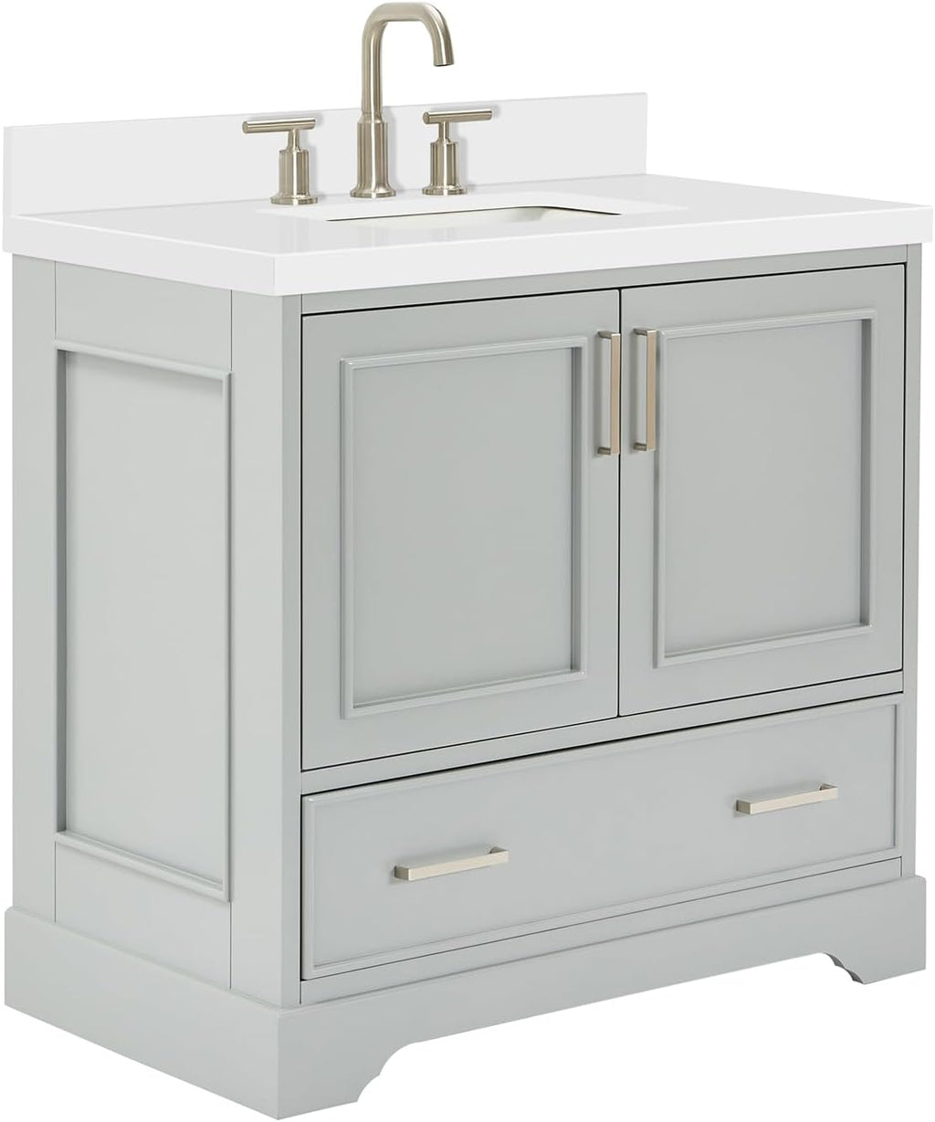 ARIEL Stafford 36-inch Bathroom Vanity with Sink,Solid Wood, 1.5-inch Pure White Quartz Countertop, Single Rectangular Porcelain Sink, Soft Closing Doors, Dovetail Drawers, Grey