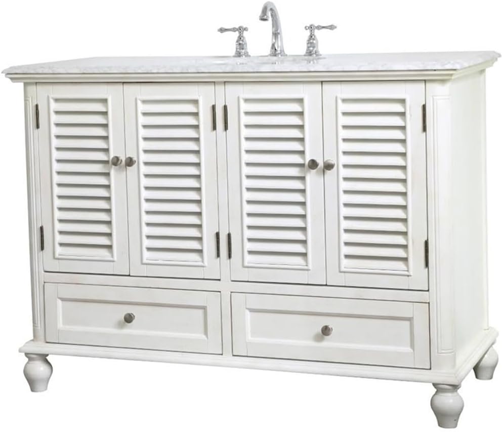 Pemberly Row 48' Bathroom Vanity, Antique White Finish, Solid Wood Base with Carrara Marble Top, Porcelain Undermount Sink, 4 Cabinet Doors and 2 Soft-Close Drawers, Free-Standing for Bathroom Use