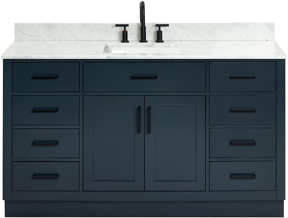 ARIEL Hepburn 60-inch Bathroom Vanity with Sink,Solid Wood, 0.75-inch Italian Carrara Marble Countertop, Single Rectangular Porcelain Sink, 2 Soft Closing Doors, 9 Dovetail Drawers, Midnight Blue