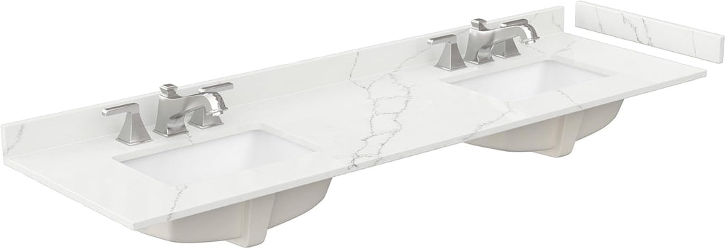 Wyndham Collection Beckett 72 Inch Double Bathroom Vanity with Toe Kick in White, Giotto Quartz Countertop, Undermount Square Sinks (3-Hole), Brushed Gold Trim