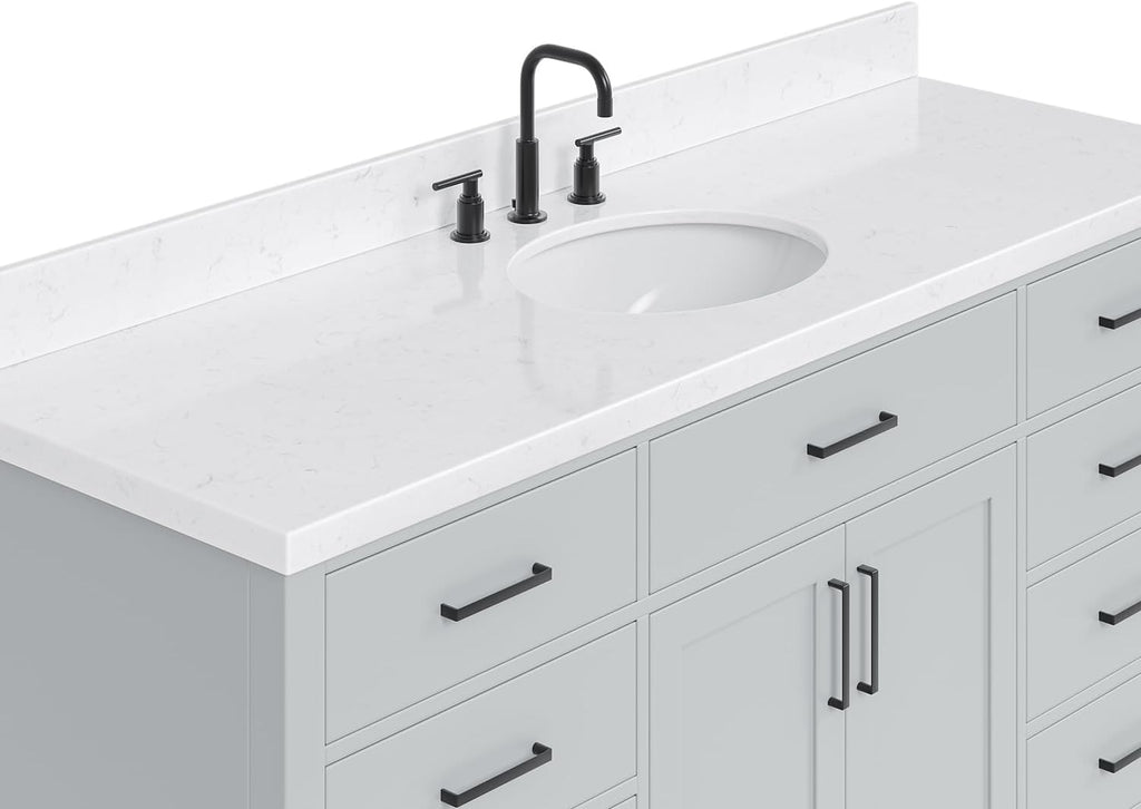 ARIEL Hepburn 66-inch Bathroom Vanity with Sink,Solid Wood, 1.5-inch Carrara White Quartz Countertop & Backsplash, Single Oval Porcelain Sink, 2 Soft Closing Doors, 9 Dovetail Drawers, Grey