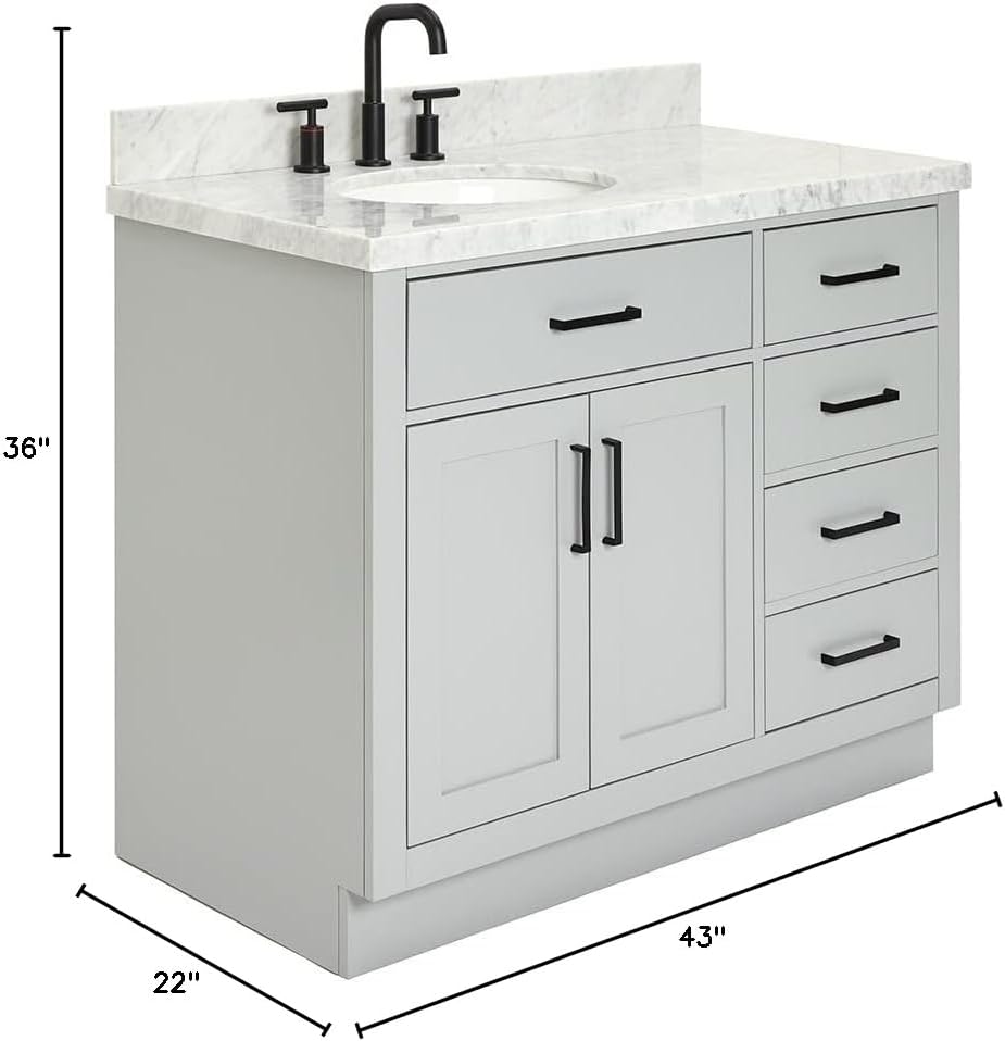 ARIEL Hepburn 43' Inch Left Offset Oval Sink Vanity with 1.5' Edge Carrara White Countertop in Grey