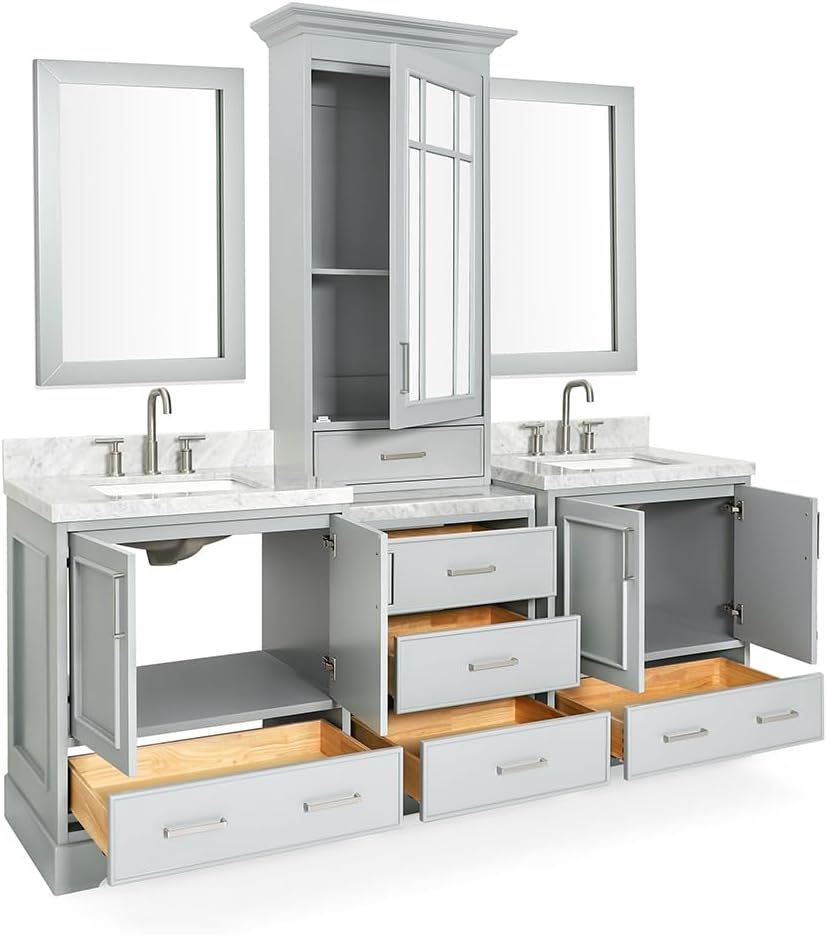 ARIEL Stafford 84-inch Bathroom Vanity with Sink,Solid Wood, 1.5-inch Italian Carrara Marble Countertop, Double Rectangular Porcelain Sink, 5 Soft Closing Doors, 6 Dovetail Drawers, Grey