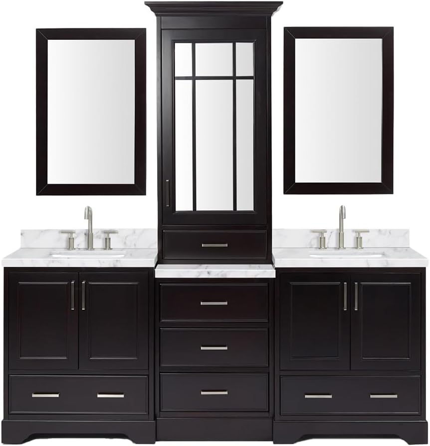 ARIEL Stafford 84-inch Bathroom Vanity with Sink,Solid Wood, 1.5-inch Italian Carrara Marble Countertop, Double Rectangular Porcelain Sink, 5 Soft Closing Doors, 6 Dovetail Drawers, Espresso