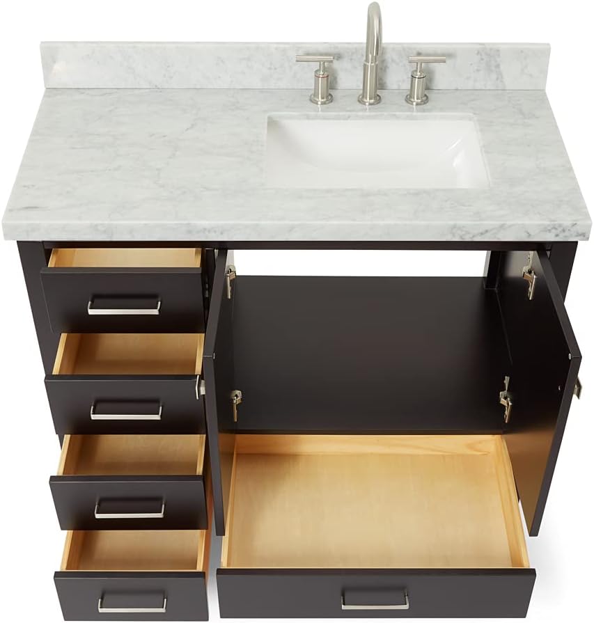DKB Beckford 42-Inch Espresso Single Bathroom Vanity with Sink, Solid Wood, 1.5' Carrara Marble Countertop & Backsplash, Right Rectangular Undermount Sink, 2 Soft Closing Doors, 5 Drawers