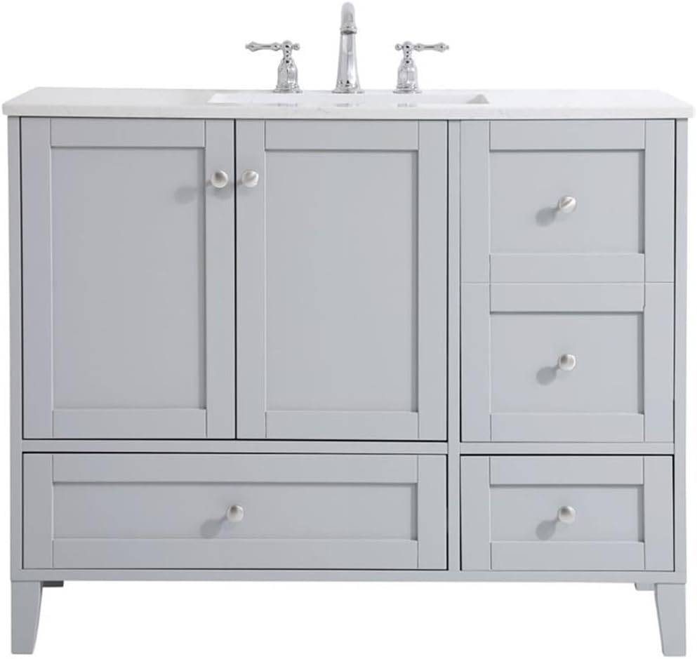 Pemberly Row 42' Traditional Bathroom Vanity, Gray Finish, Quartz Top with Porcelain Undermount Sink, MDF and Rubberwood Construction, Brushed Nickel Hardware, Freestanding Design for Bathroom Use