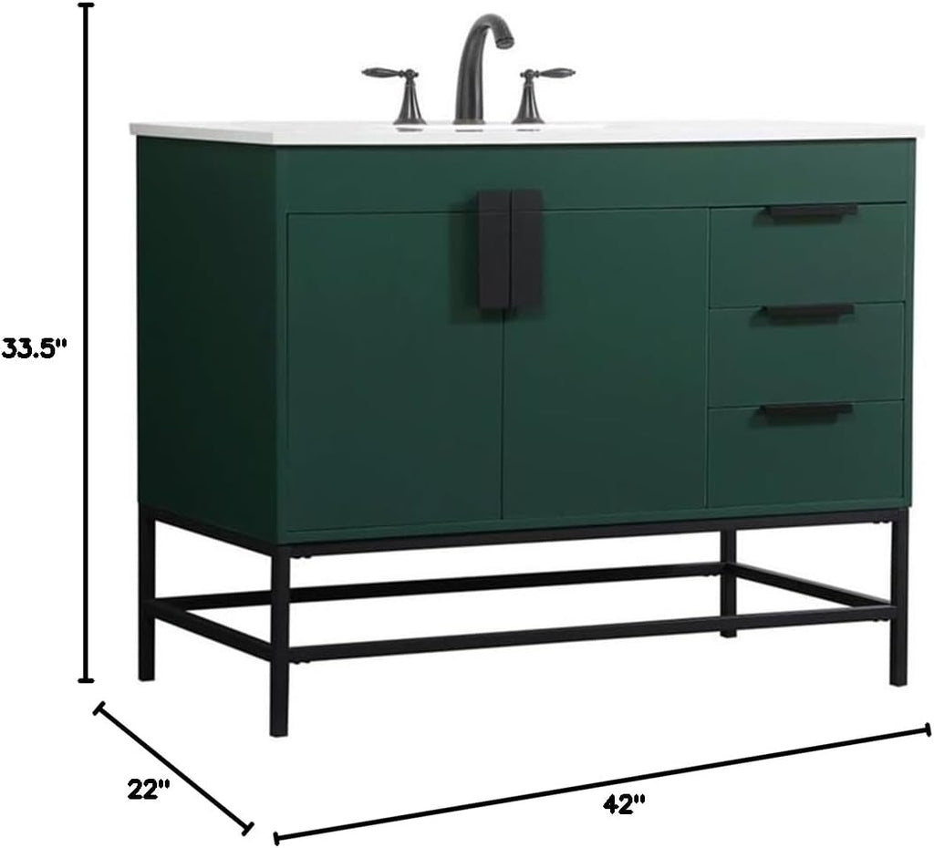 Pemberly Row 42' Aluminum MDF Single Bathroom Vanity, Green Finish, Quartz Top with Porcelain Sink, Rectangle Shape, Soft Closing Drawers and Cabinet, Powder-Coated Metal Legs, Modern Bathroom