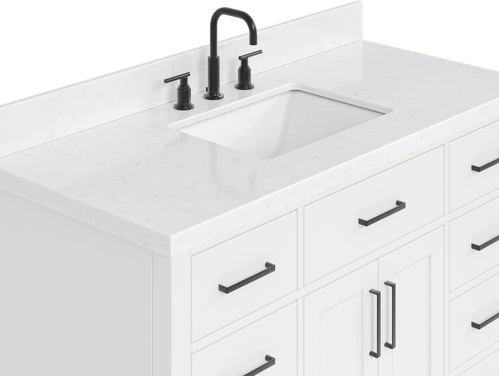 ARIEL Hepburn 48-inch Bathroom Vanity with Sink,Solid Wood, 1.5-inch Carrara White Quartz Countertop & Backsplash, Single Rectangular Porcelain Sink, 2 Soft Closing Doors, 9 Dovetail Drawers, White