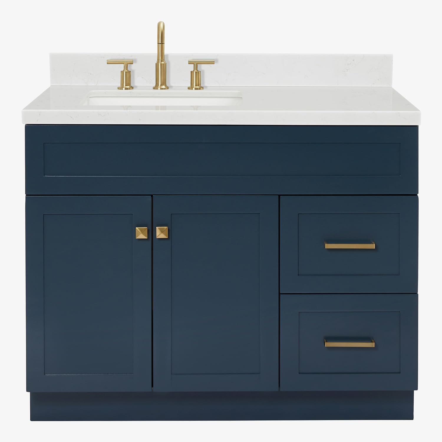 ARIEL Hamlet 42 in. Left Offset Rectangle Sink Bathroom Vanity with Carrara White Quartz Countertop 1.5 Edge in Midnight Blue