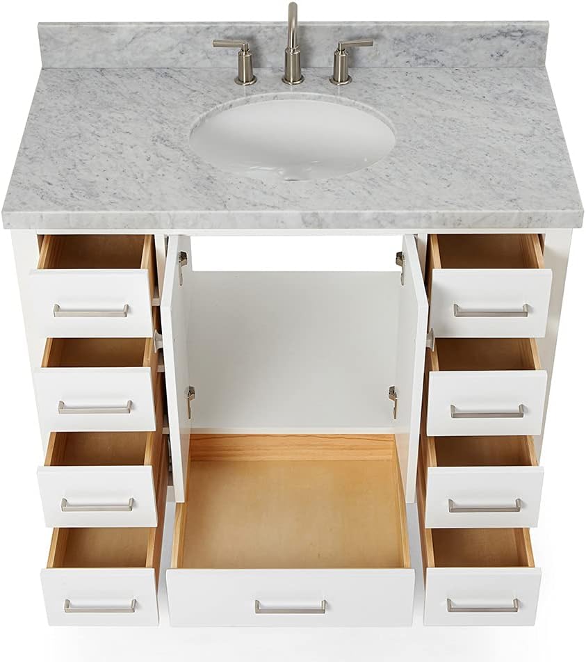ARIEL Cambridge 42-inch Bathroom Vanity with Sink,Solid Wood, 1.5-inch Italian Carrara Marble Countertop & Backsplash, Single Oval Porcelain Sink, 2 Soft Closing Doors, 9 Dovetail Drawers, White