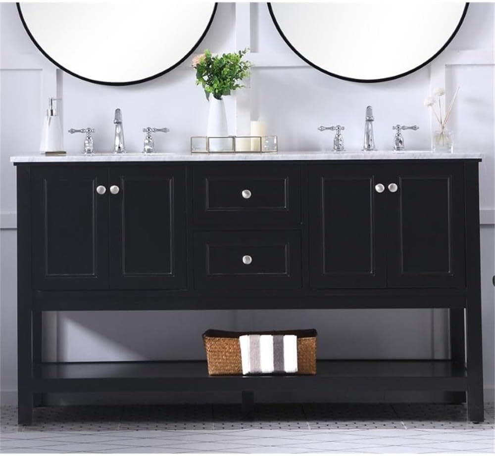 Pemberly Row 60' Double Sink Bathroom Vanity, Solid Poplar Wood, Black Finish, Carrara White Marble Top, 33.75' H x 60' W x 22' D, Two Drawers, Two Cabinets, Soft Close, Contemporary Freestanding