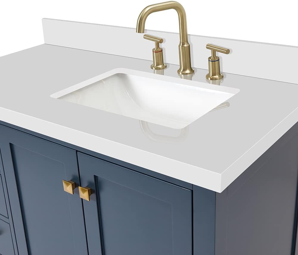 ARIEL Cambridge 42-inch Bathroom Vanity with Sink,Solid Wood, 1.5-inch Pure White Quartz Countertop, Single Rectangular Porcelain Sink, 2 Soft Closing Doors, 5 Dovetail Drawers, Midnight Blue