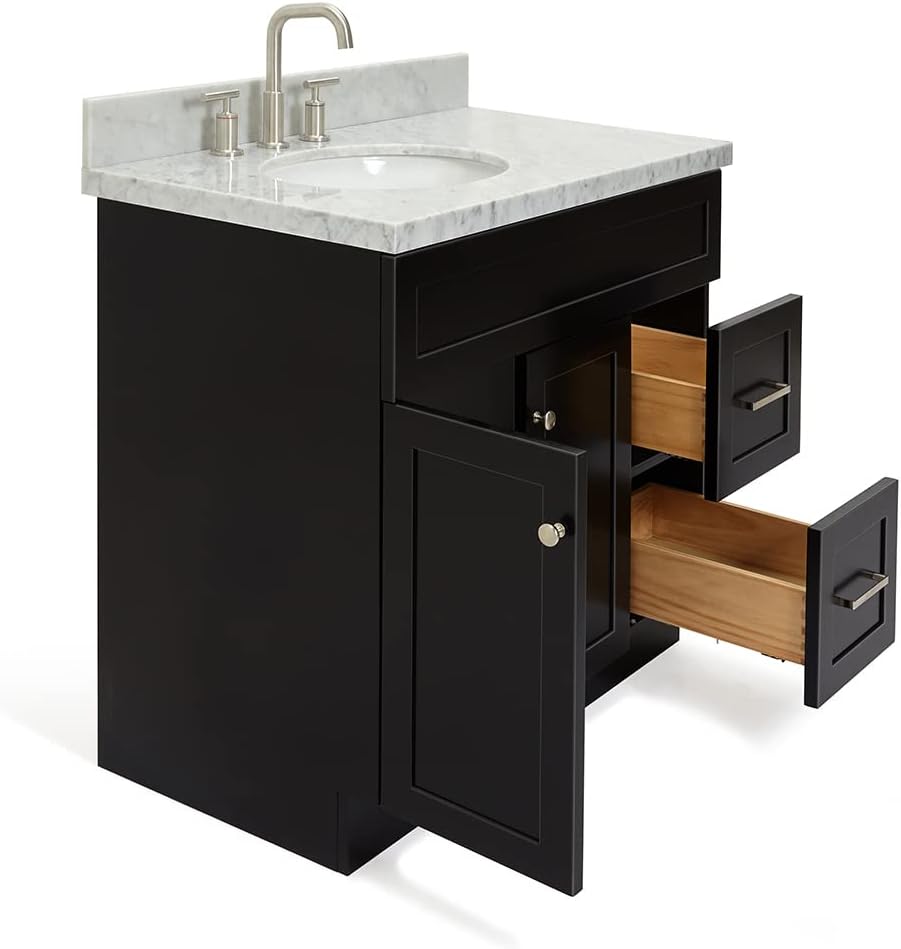 DKB Bradford 36' Black Single Bathroom Vanity with Sink, 1.5' Edge Italian Carrara Marble Countertop, Oval Undermount Sink, 2 Soft-Closing Doors, 2 Dovetail Drawers