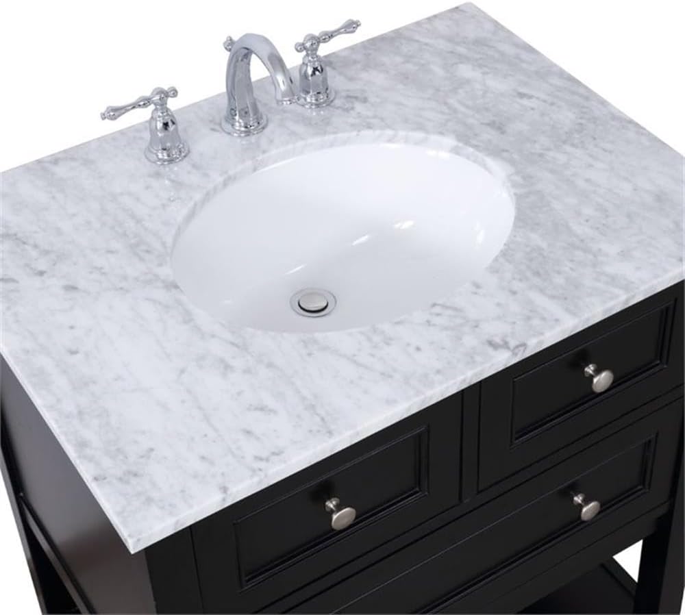Pemberly Row 30' Single Bathroom Vanity, Marble Top, Black Finish, Solid Poplar Wood Base, White Porcelain Undermount Sink, Soft Close Drawer, Open Shelf, Contemporary Design for Modern Bathrooms