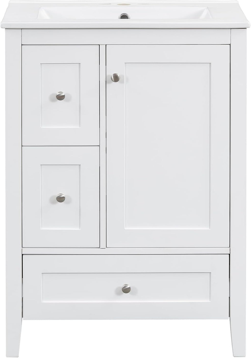 24' Bathroom Vanities with Undermount Ceramic Sink, Multi-Functional Storage Cabinet with Three Drawers and Adjustable Shelf, Soft-Closing Door, Solid Wood Legs, White