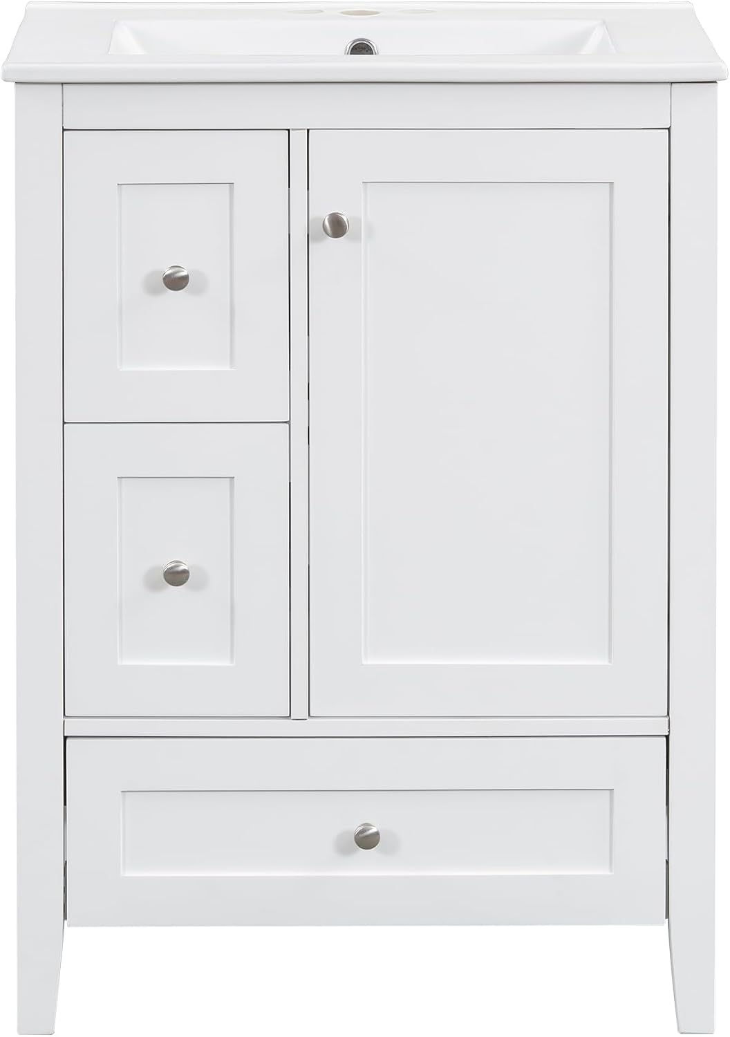 24' Bathroom Vanities with Undermount Ceramic Sink, Multi-Functional Storage Cabinet with Three Drawers and Adjustable Shelf, Soft-Closing Door, Solid Wood Legs, White