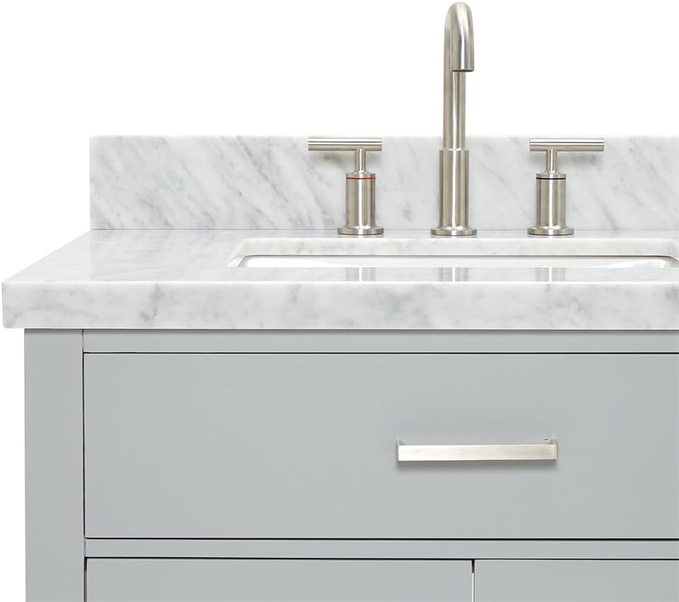 DKB Alenza 72 Inch Bathroom Vanity Double Sink — Grey Bathroom Vanity with Sink, 1.5' Edge Italian Carrara Marble Countertop & Backsplash, 4 Soft-Close Doors, 4 Dovetail Drawers