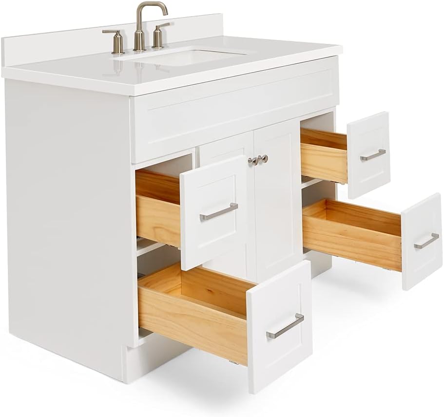 ARIEL Hamlet 42-inch Bathroom Vanity with Sink,Solid Wood, 1.5-inch Pure White Quartz Countertop & Backsplash, Single Oval Sink, 2 Soft Closing Doors, 4 Dovetail Drawers, White