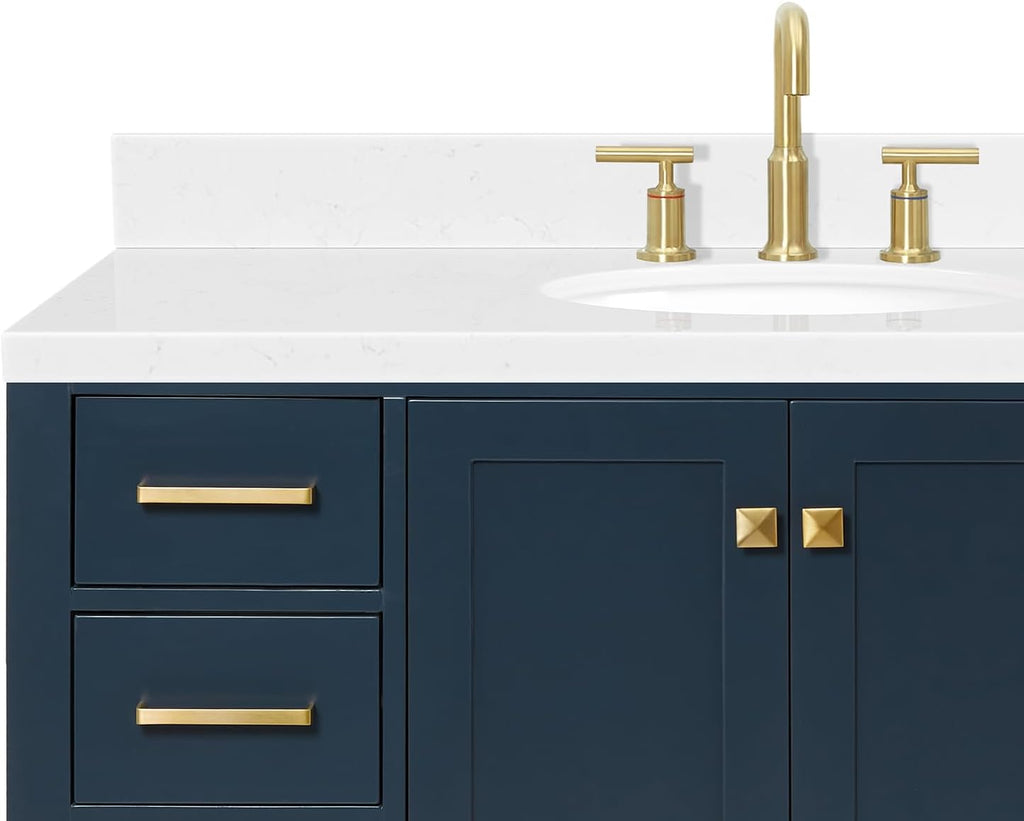 ARIEL Cambridge 48-inch Bathroom Vanity with Sink,Solid Wood, 1.5-inch Carrara White Quartz Countertop, Single Oval Porcelain Sink, 2 Soft Closing Doors, 9 Dovetail Drawers, Midnight Blue