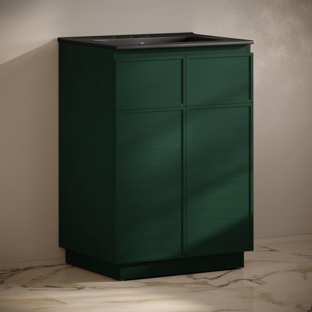 St. Tropez 24' Freestanding Bathroom Vanity in Green Oak with Black 3-Hole Widespread Sink Top