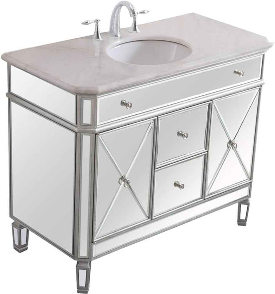 Pemberly Row 42' Marble Top Mirrored Bathroom Vanity, Antique Silver Finish, Rubberwood and MDF Base, Carrara White Marble Countertop, Porcelain Sink, Soft Close Drawers, 2 Doors, Free-Standing Design