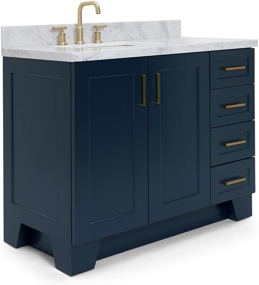 ARIEL Taylor 42-inch Bathroom Vanity with Sink,Solid Wood, 1.5-inch Italian Carrara Marble Countertop, Single Rectangular Porcelain Sink, 2 Soft Closing Doors, 5 Dovetail Drawers, Midnight Blue
