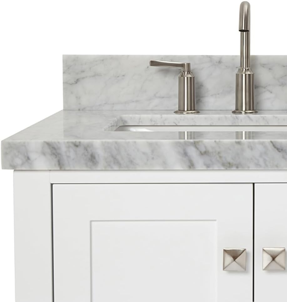 ARIEL Cambridge 36-inch Bathroom Vanity with Sink,Solid Wood, 1.5-inch Italian Carrara Marble Countertop, Single Rectangular Porcelain Sink, 2 Soft Closing Doors, 5 Dovetail Drawers, White