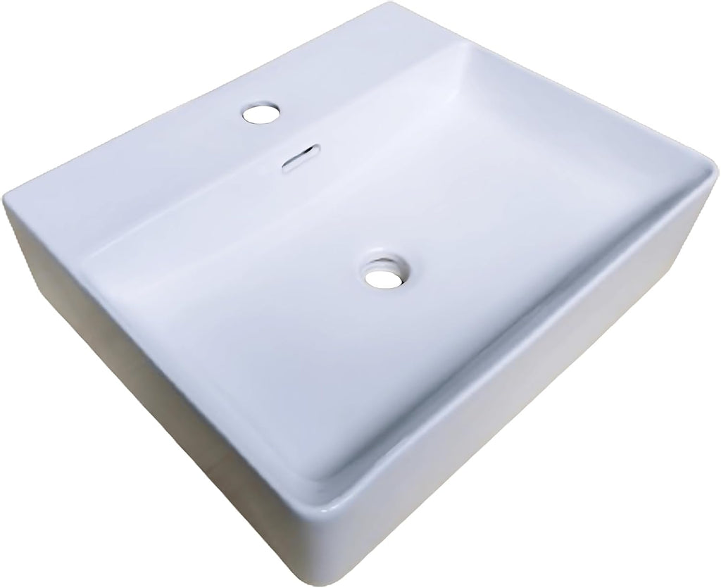 KINGWONG 20 Inch Ceramic Vessel Sink | White Rectangular Bathroom Sink Above Counter or Wall Mounted | Porcelain Vanity Basin with Overflow Hole Easy Clean Glossy Finish for RV Farmhouse Modern Bath
