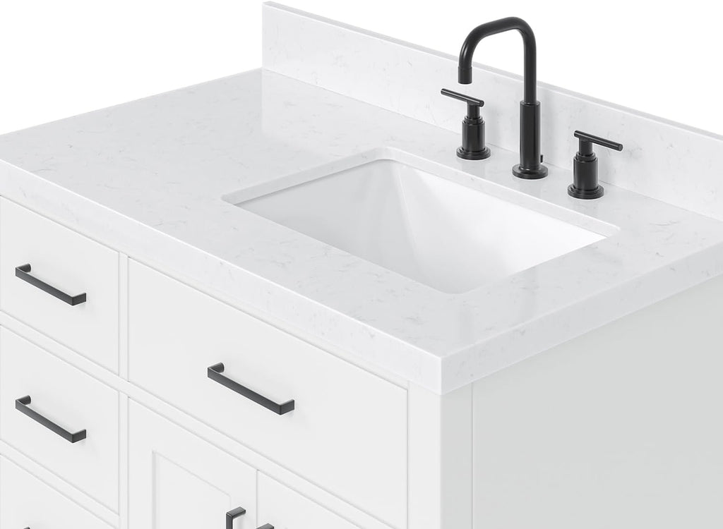 ARIEL Hepburn 36-inch Bathroom Vanity with Sink,Solid Wood, 1.5-inch Carrara White Quartz Countertop & Backsplash, Single Rectangular Porcelain Sink, 2 Soft Closing Doors, 5 Dovetail Drawers, White
