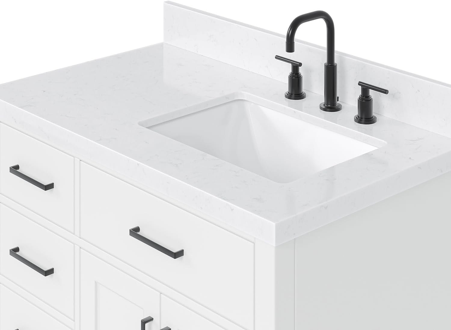 ARIEL Hepburn 36-inch Bathroom Vanity with Sink,Solid Wood, 1.5-inch Carrara White Quartz Countertop & Backsplash, Single Rectangular Porcelain Sink, 2 Soft Closing Doors, 5 Dovetail Drawers, White