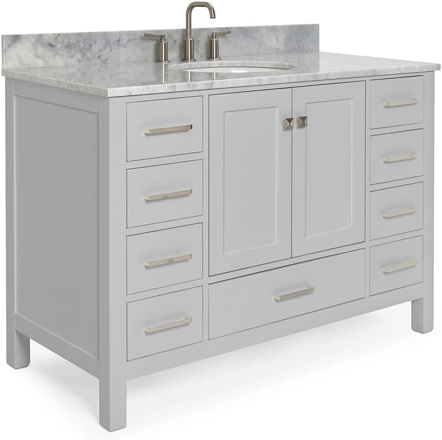 ARIEL Cambridge 48-inch Bathroom Vanity with Sink,Solid Wood, 0.75-inch Italian Carrara Marble Countertop & Backsplash, Single Oval Porcelain Sink, 2 Soft Closing Doors, 9 Dovetail Drawers, Grey
