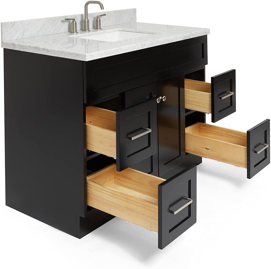ARIEL 42' White Bathroom Vanity with Sink, 1.5' Edge Italian Carrara Marble Countertop, Rectangular Sink, 2 Soft Closing Doors, 4 Dovetail Drawers, Brushed Nickel