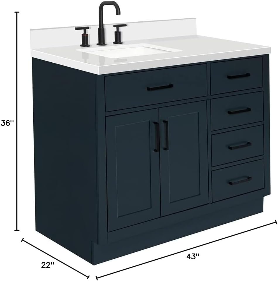 ARIEL Hepburn 43' Inch Left Offset Rectangle Sink Vanity with 1.5' Edge Pure White Quartz Countertop in Midnight Blue