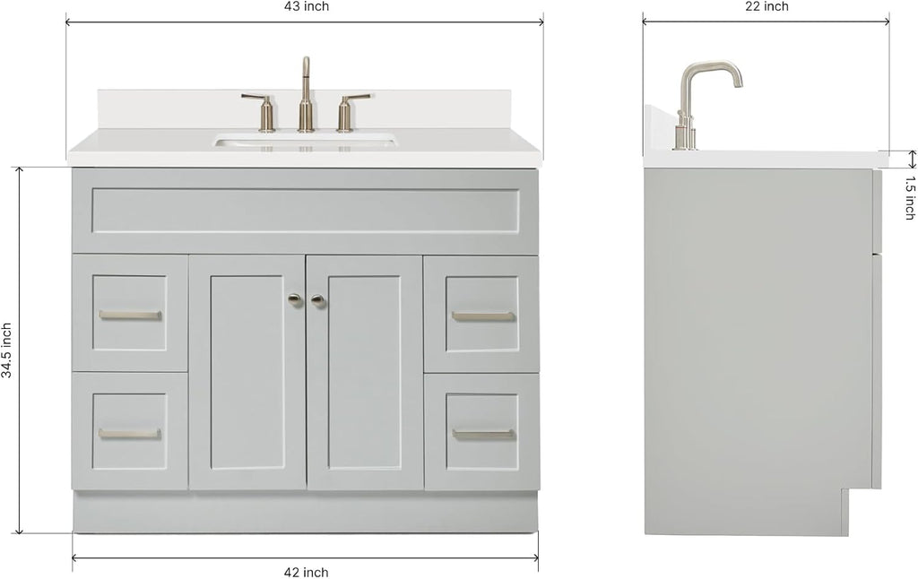 ARIEL Hamlet 42-inch Bathroom Vanity with Sink,Solid Wood, 1.5-inch Pure White Quartz Countertop & Backsplash, Single Rectangular Porcelain Sink, 2 Soft Closing Doors, 4 Dovetail Drawers, Grey